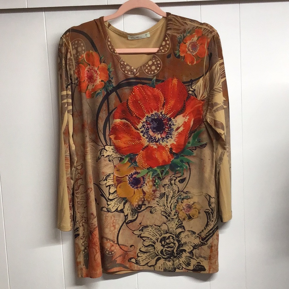 Floral Print Long Sleeve Top - Tan & Orange